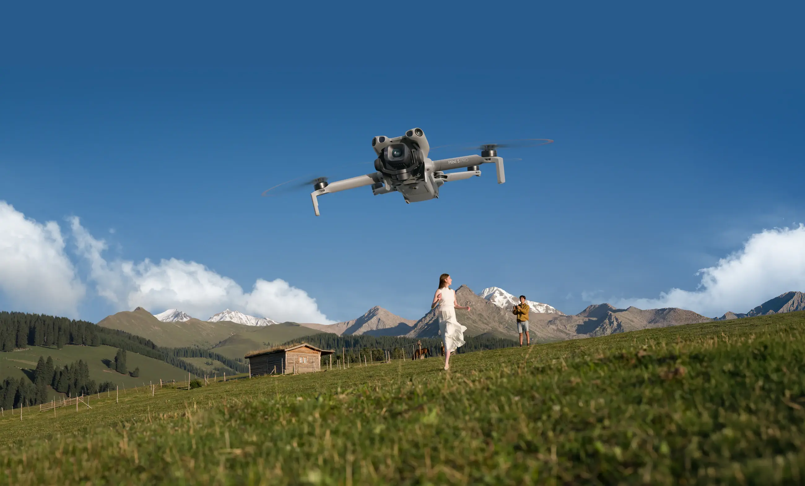 DJI Mini 5 Pro creator flight in an alpine landscape