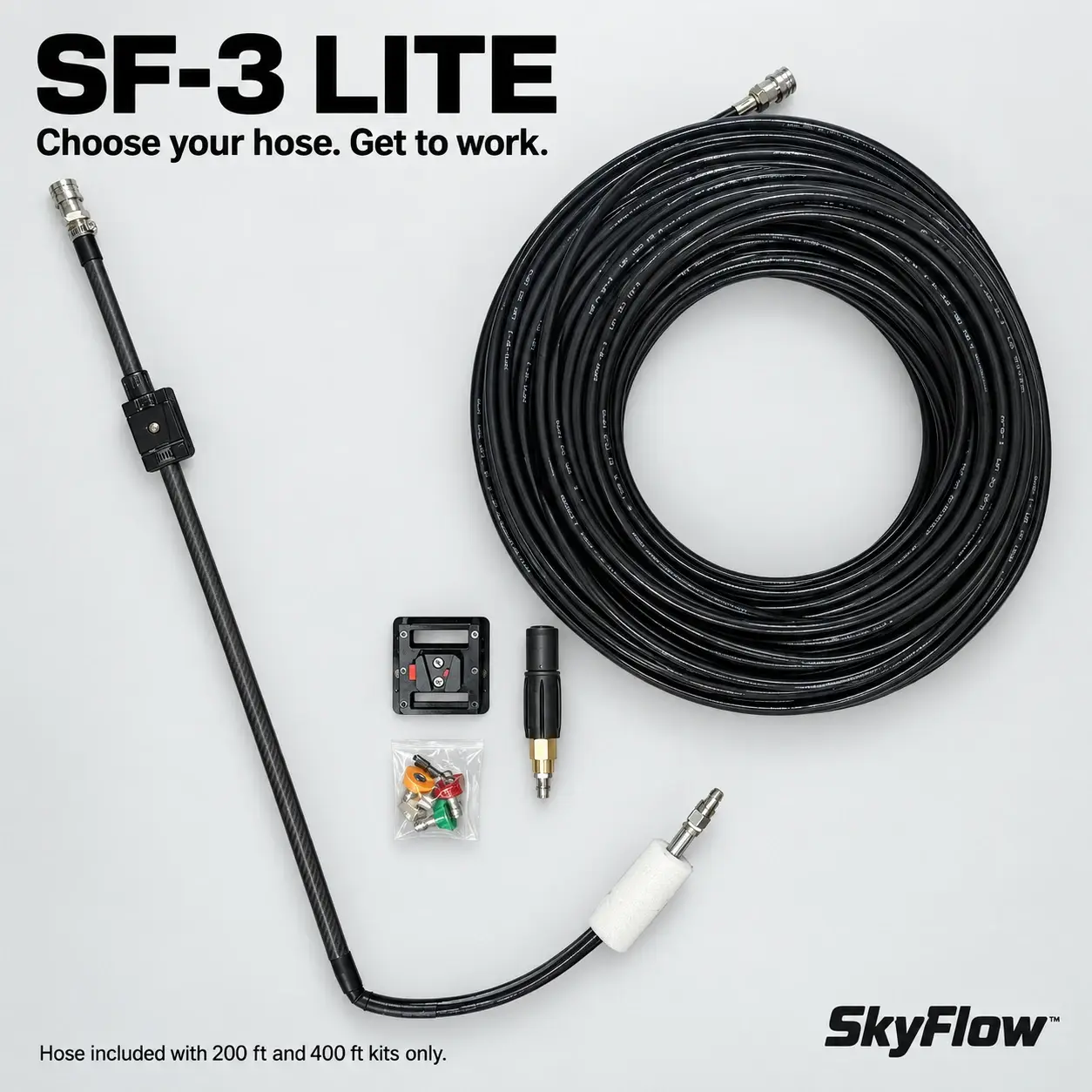 SF-3 Lite rod, nozzles and optional pressure hose; hose included in hose kits only
