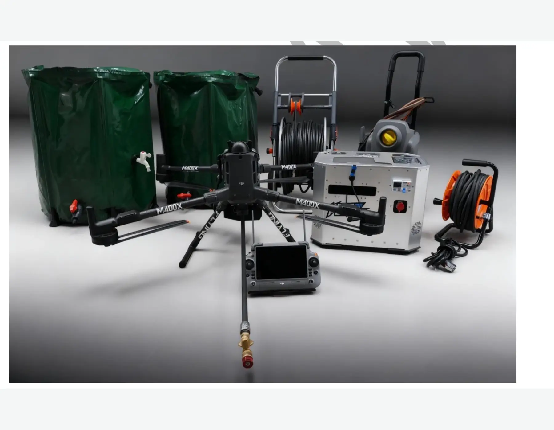 Complete drone cleaning workflow with KA-13 ground rig, hose equipment and aircraft